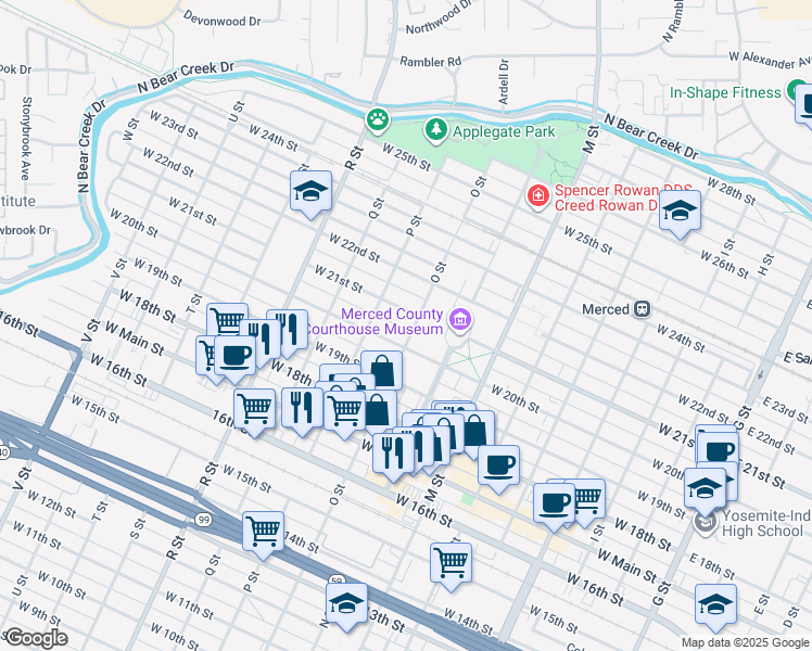 map of restaurants, bars, coffee shops, grocery stores, and more near 2026 O Street in Merced