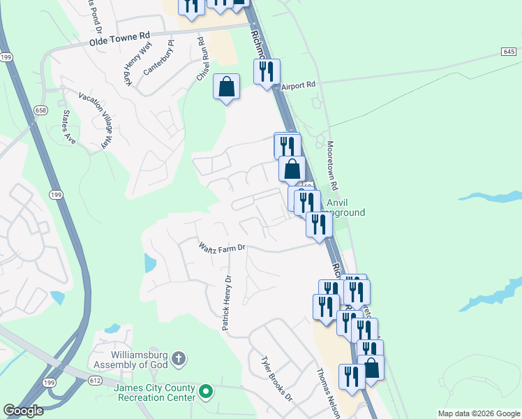 map of restaurants, bars, coffee shops, grocery stores, and more near 281 Patriot Lane in Williamsburg