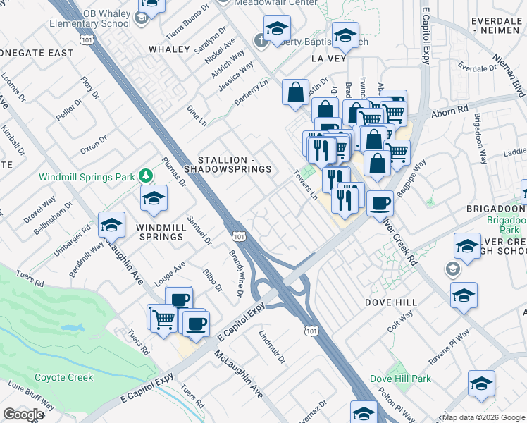 map of restaurants, bars, coffee shops, grocery stores, and more near 3026 Shadow Springs Place in San Jose