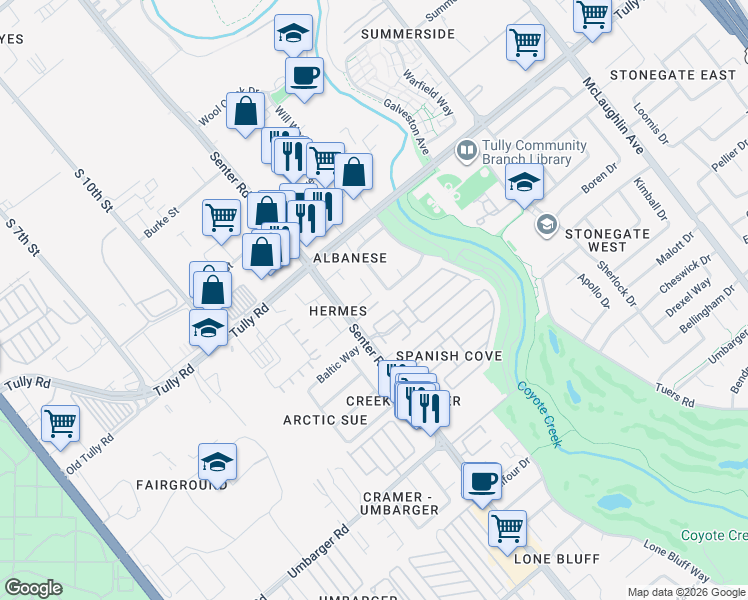 map of restaurants, bars, coffee shops, grocery stores, and more near 616 Hermes Court in San Jose