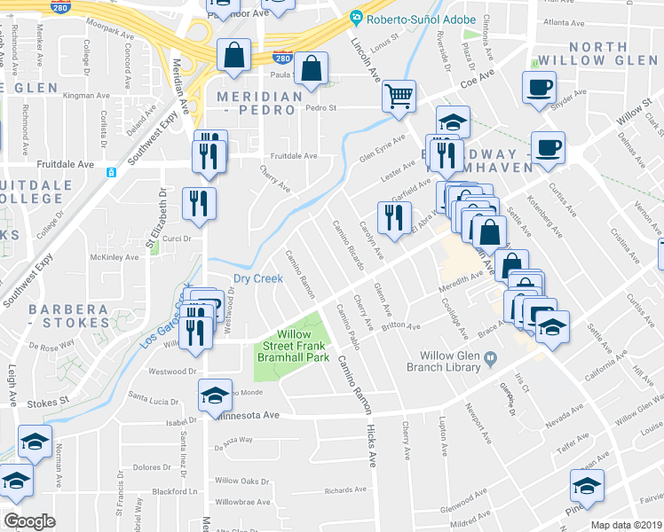 map of restaurants, bars, coffee shops, grocery stores, and more near 1063 Camino Pablo in San Jose