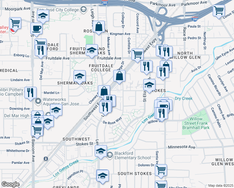map of restaurants, bars, coffee shops, grocery stores, and more near 1491 De Rose Way in San Jose