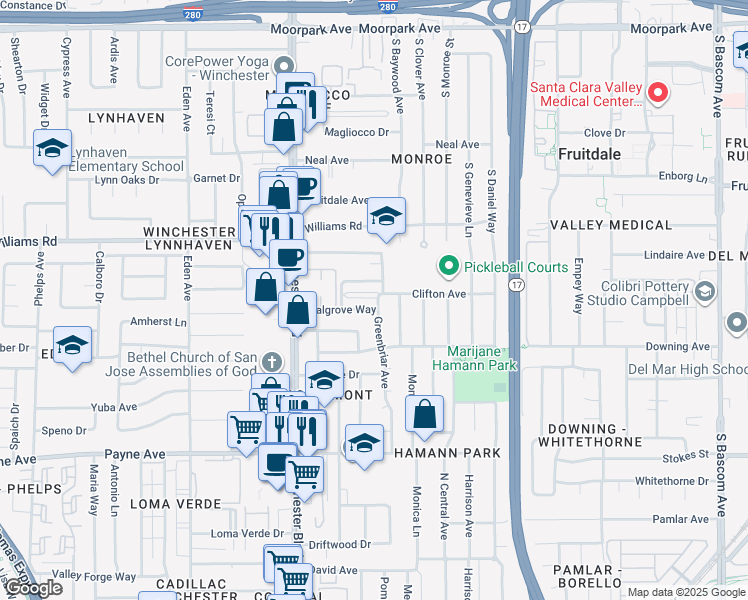 map of restaurants, bars, coffee shops, grocery stores, and more near 2978 Walgrove Way in San Jose