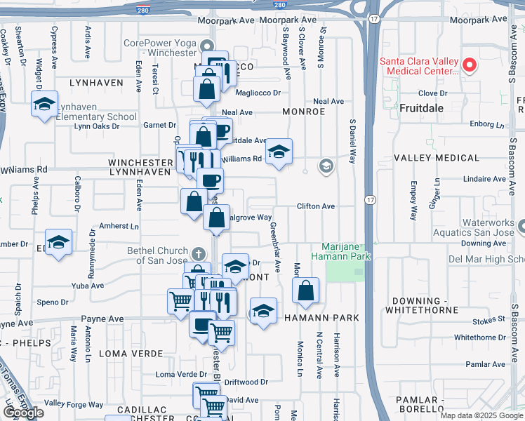 map of restaurants, bars, coffee shops, grocery stores, and more near 2978 Walgrove Way in San Jose