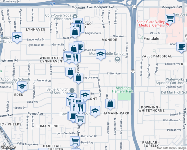map of restaurants, bars, coffee shops, grocery stores, and more near 2978 Walgrove Way in San Jose