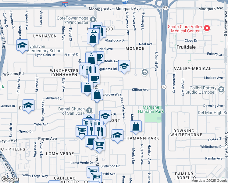 map of restaurants, bars, coffee shops, grocery stores, and more near 2978 Walgrove Way in San Jose