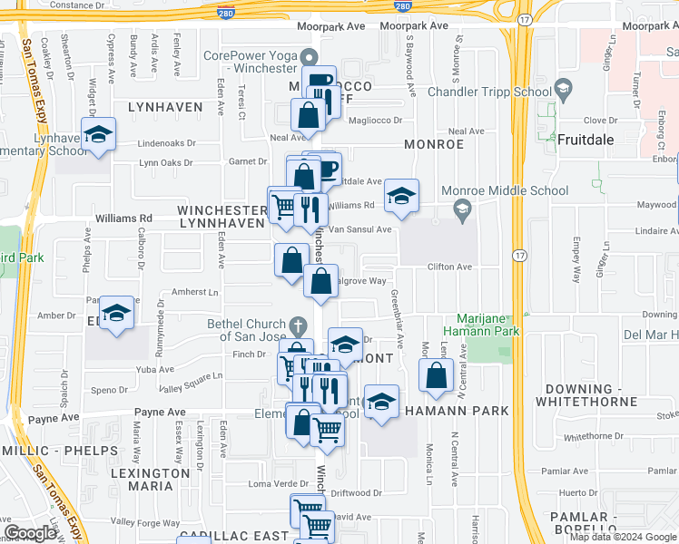map of restaurants, bars, coffee shops, grocery stores, and more near 1056 Walgrove Way in San Jose