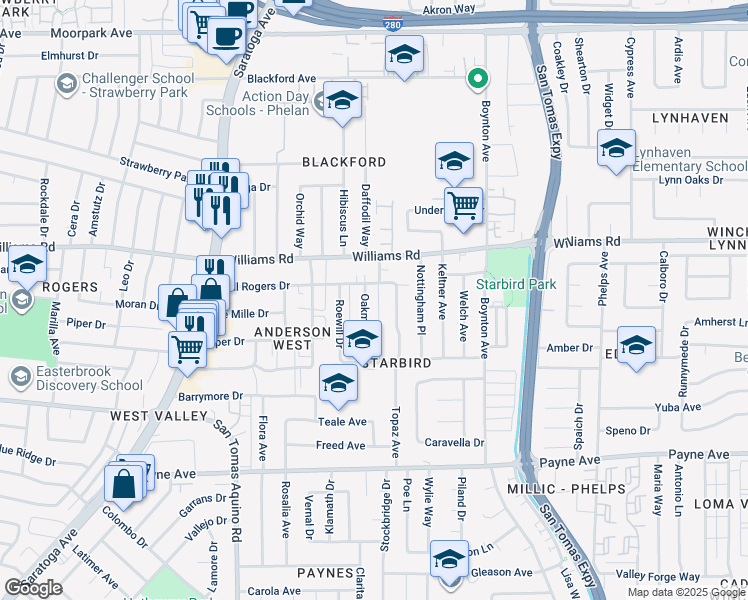 map of restaurants, bars, coffee shops, grocery stores, and more near 1082 Oakmont Drive in San Jose