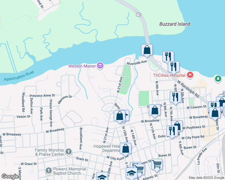 map of restaurants, bars, coffee shops, grocery stores, and more near 310 Woodbine Street in Hopewell