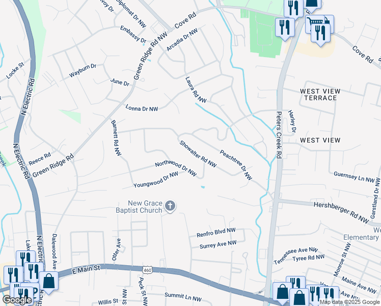 map of restaurants, bars, coffee shops, grocery stores, and more near 4826 Showalter Road Northwest in Roanoke