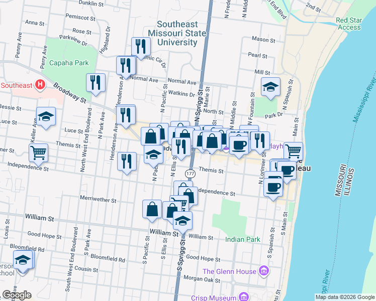 map of restaurants, bars, coffee shops, grocery stores, and more near 721 Broadway Street in Cape Girardeau