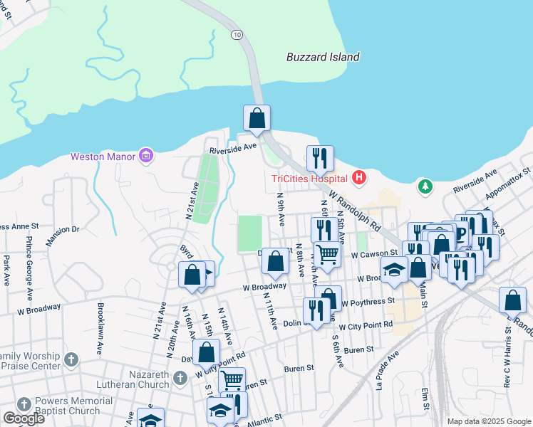 map of restaurants, bars, coffee shops, grocery stores, and more near 633 Eppes Street in Hopewell