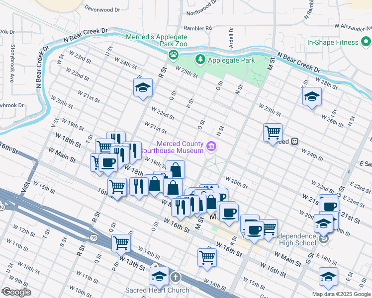 map of restaurants, bars, coffee shops, grocery stores, and more near 2029 O Street in Merced