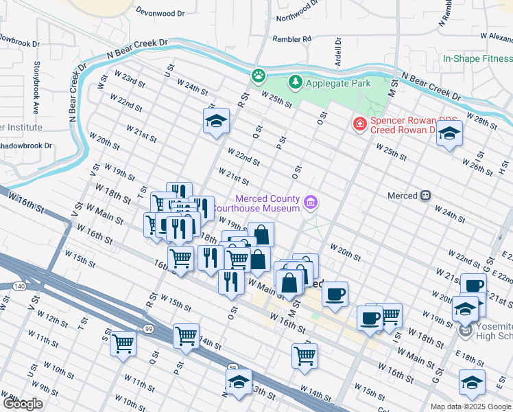 map of restaurants, bars, coffee shops, grocery stores, and more near 861 West 20th Street in Merced