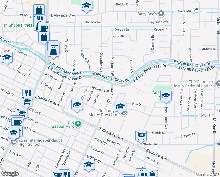 map of restaurants, bars, coffee shops, grocery stores, and more near 1095 Robinson Drive in Merced