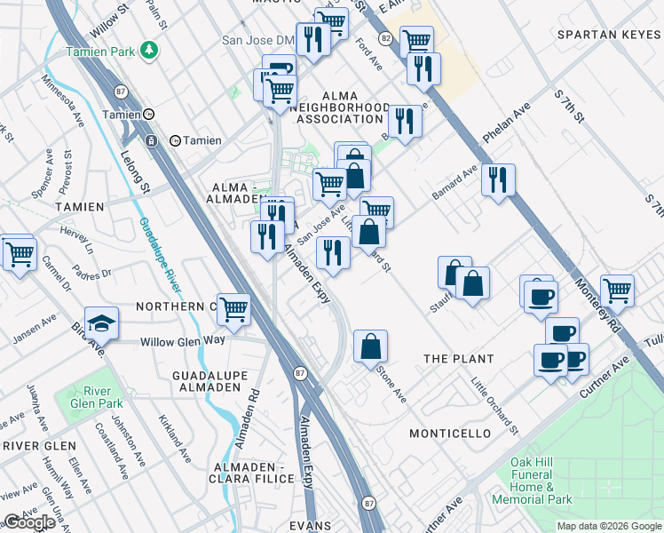 map of restaurants, bars, coffee shops, grocery stores, and more near 1680 Almaden Expressway in San Jose