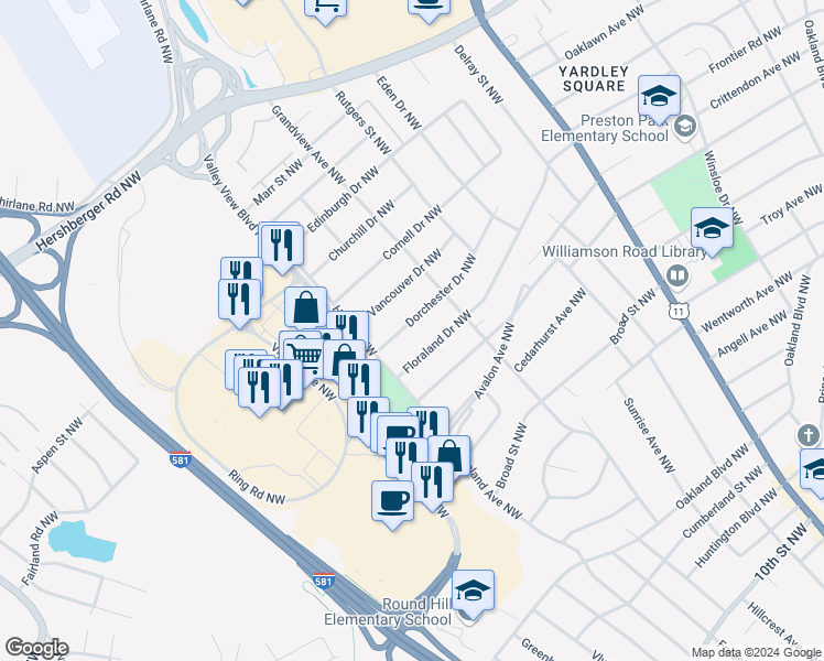 map of restaurants, bars, coffee shops, grocery stores, and more near 2437 Dorchester Drive Northwest in Roanoke