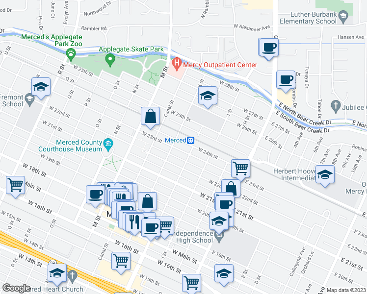 map of restaurants, bars, coffee shops, grocery stores, and more near 325 West 23rd Street in Merced