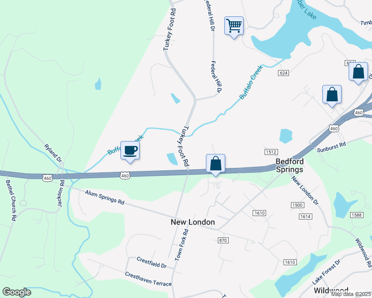 map of restaurants, bars, coffee shops, grocery stores, and more near 329 Turkey Foot Road in Forest