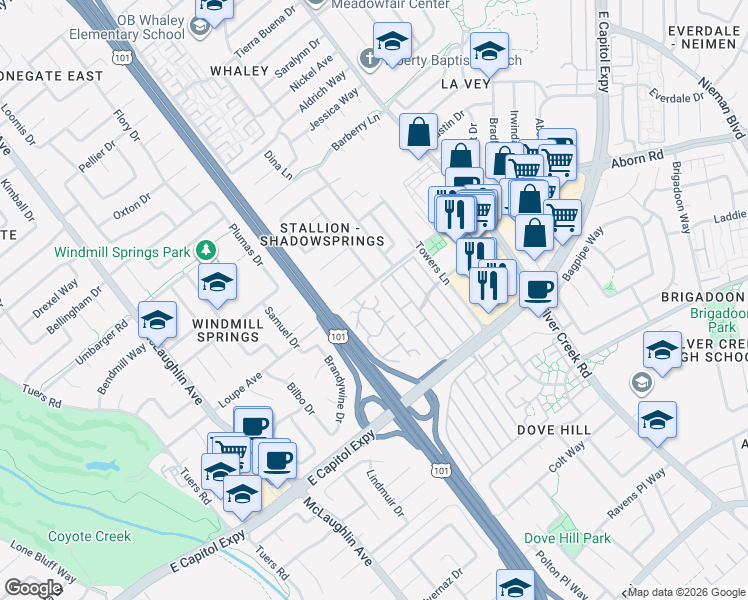map of restaurants, bars, coffee shops, grocery stores, and more near 3123 Shadow Springs Place in San Jose