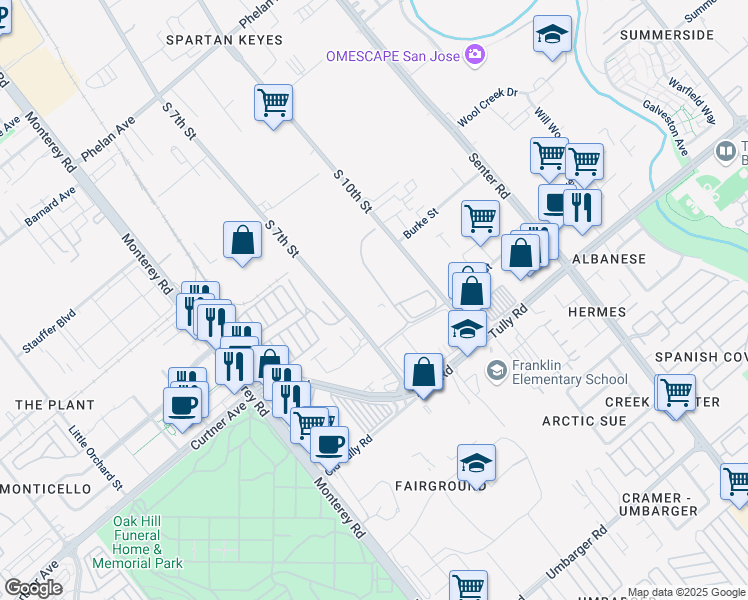 map of restaurants, bars, coffee shops, grocery stores, and more near 2096 South 7th Street in San Jose