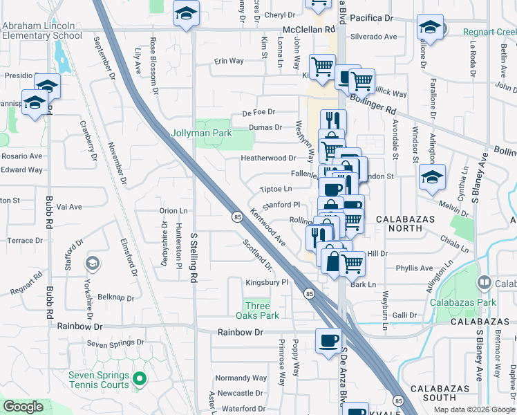 map of restaurants, bars, coffee shops, grocery stores, and more near 7490 Stanford Place in Cupertino