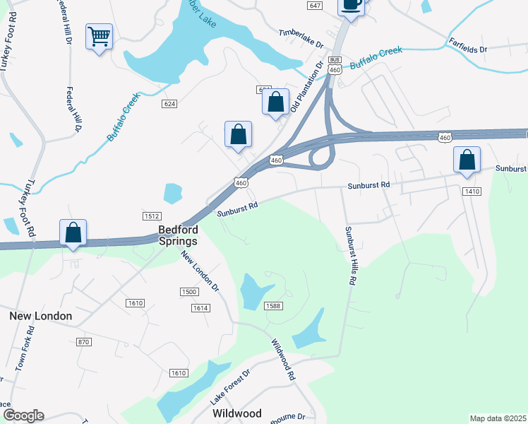 map of restaurants, bars, coffee shops, grocery stores, and more near 2474 Sunburst Road in Evington