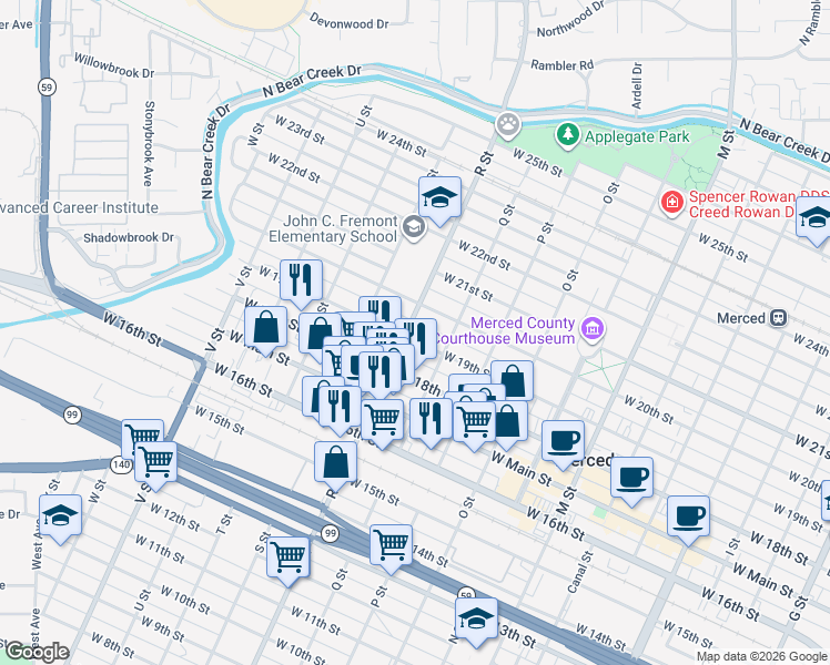 map of restaurants, bars, coffee shops, grocery stores, and more near 1051 West 19th Street in Merced