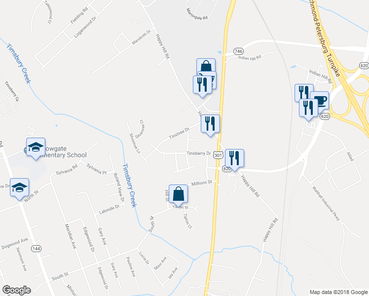 map of restaurants, bars, coffee shops, grocery stores, and more near 15724 Timberline Drive in Colonial Heights