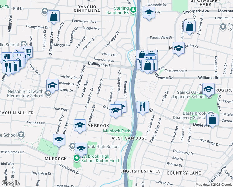 map of restaurants, bars, coffee shops, grocery stores, and more near 5475 Blackoak Way in San Jose