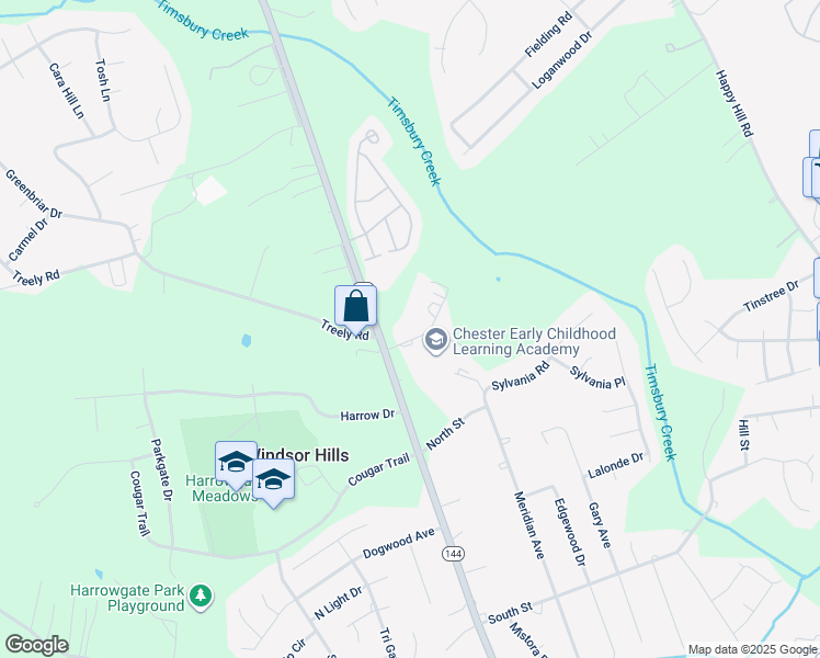 map of restaurants, bars, coffee shops, grocery stores, and more near 3706 Louise Drive in Chester