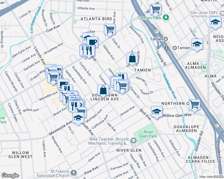 map of restaurants, bars, coffee shops, grocery stores, and more near 849 Minnesota Avenue in San Jose