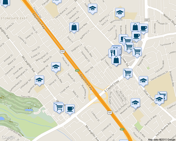 map of restaurants, bars, coffee shops, grocery stores, and more near Aborn Rd & Shadow Springs Pl in San Jose