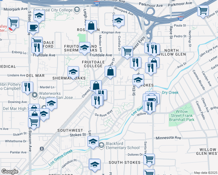 map of restaurants, bars, coffee shops, grocery stores, and more near 1401 De Rose Way in San Jose