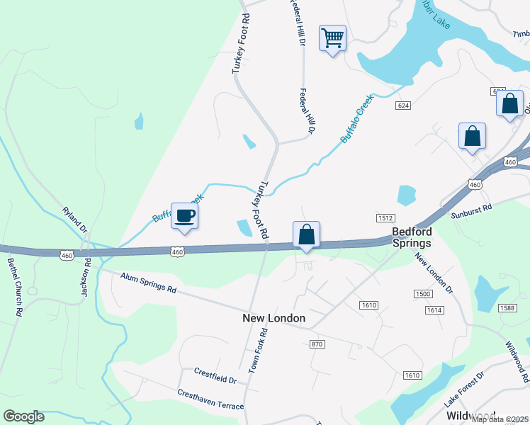 map of restaurants, bars, coffee shops, grocery stores, and more near 329 Turkey Foot Road in Forest