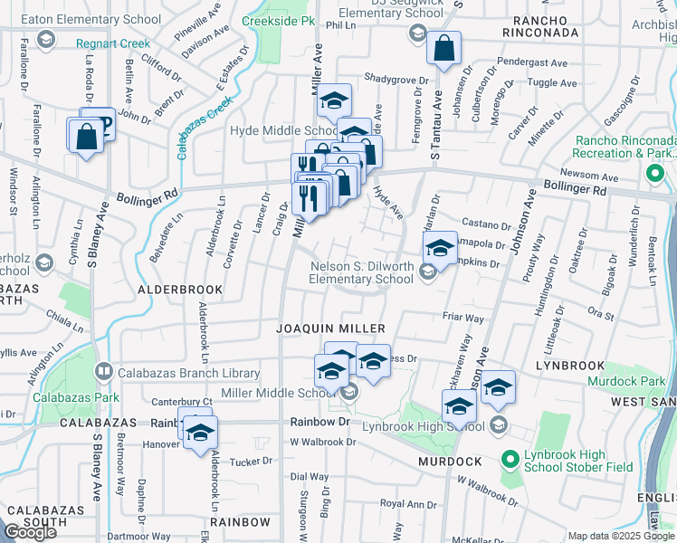 map of restaurants, bars, coffee shops, grocery stores, and more near 6148 Regency Oaks Drive in San Jose