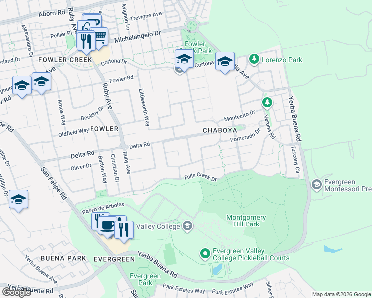 map of restaurants, bars, coffee shops, grocery stores, and more near 3257 Charmat Court in San Jose