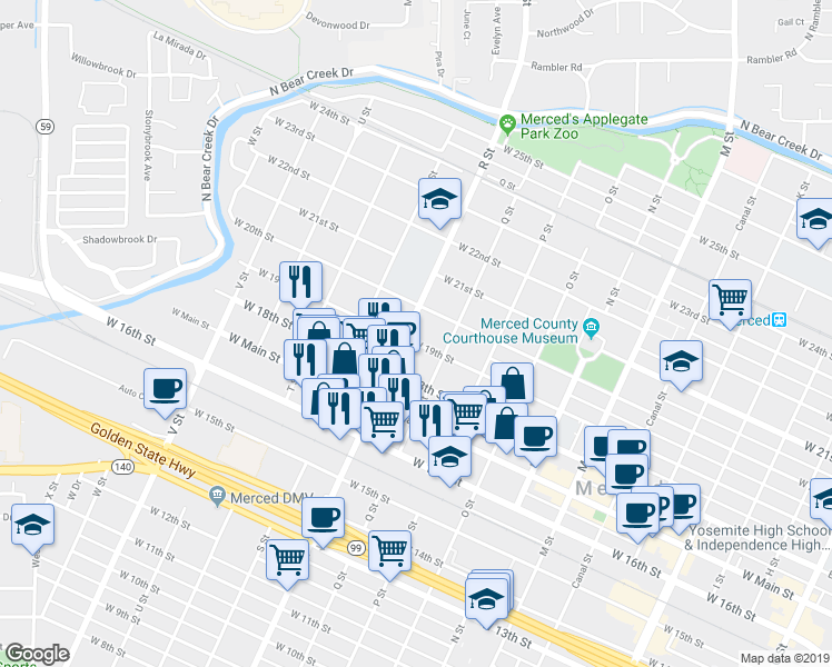 map of restaurants, bars, coffee shops, grocery stores, and more near 1029 West 19th Street in Merced