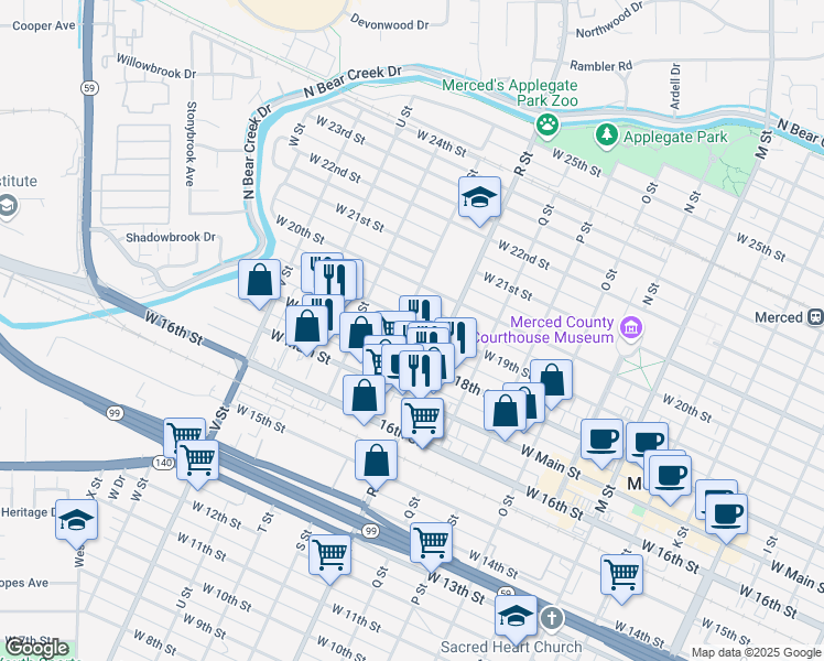 map of restaurants, bars, coffee shops, grocery stores, and more near 1124 West 19th Street in Merced