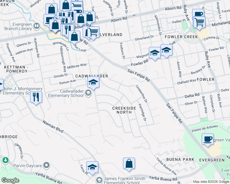 map of restaurants, bars, coffee shops, grocery stores, and more near 3912 Forestwood Drive in San Jose
