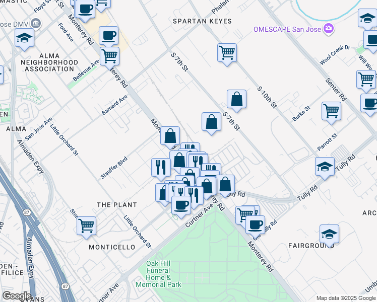 map of restaurants, bars, coffee shops, grocery stores, and more near 2010 Monterey Road in San Jose