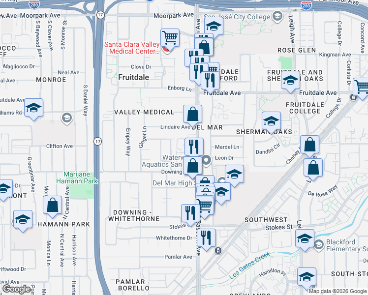 map of restaurants, bars, coffee shops, grocery stores, and more near 1095 Delna Manor Lane in San Jose