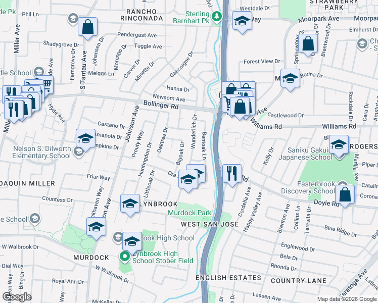 map of restaurants, bars, coffee shops, grocery stores, and more near 5475 Blackoak Way in San Jose