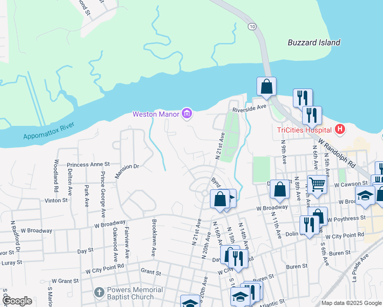 map of restaurants, bars, coffee shops, grocery stores, and more near 316 Woodbine Street in Hopewell