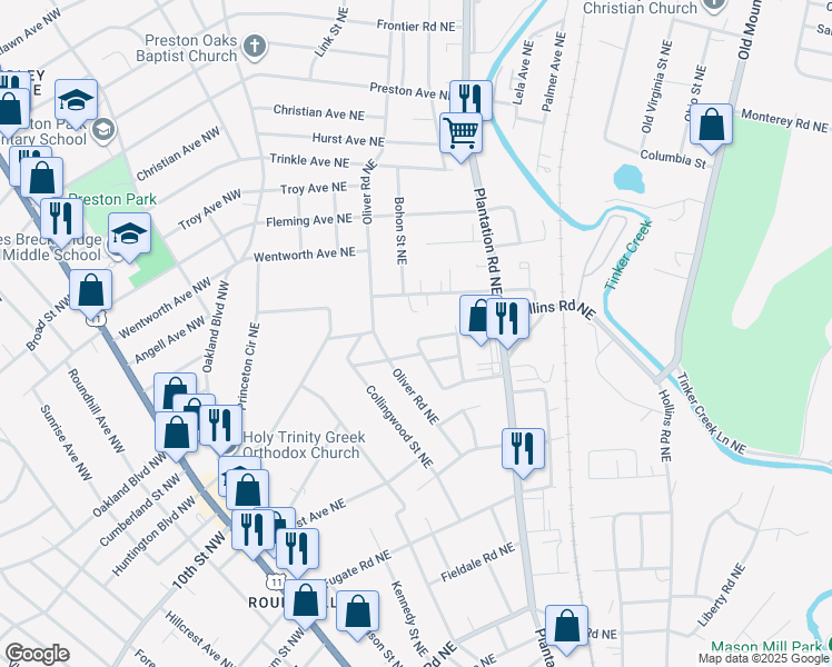 map of restaurants, bars, coffee shops, grocery stores, and more near 3401-3499 Whittle Street Northeast in Roanoke