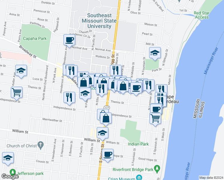 map of restaurants, bars, coffee shops, grocery stores, and more near 621 Broadway Street in Cape Girardeau