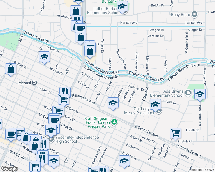 map of restaurants, bars, coffee shops, grocery stores, and more near 2669 6th Avenue in Merced
