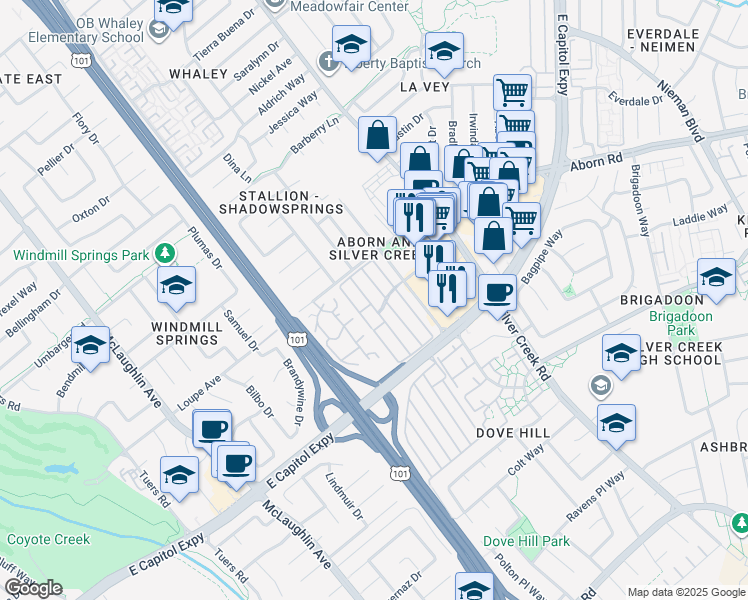 map of restaurants, bars, coffee shops, grocery stores, and more near 3089 Oakbridge Drive in San Jose