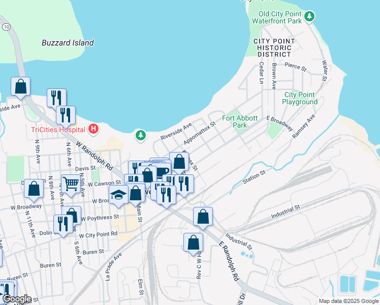 map of restaurants, bars, coffee shops, grocery stores, and more near 405 East Cawson Street in Hopewell