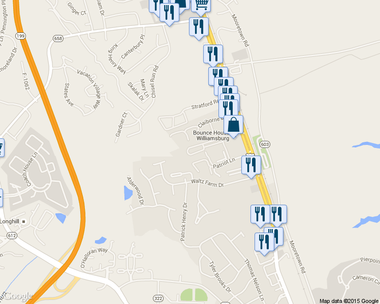 map of restaurants, bars, coffee shops, grocery stores, and more near 1904 Westgate Circle in Williamsburg